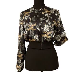 Victoria's Secret Black Luxe Palm Satin Feel Bomber Cropped Jacket